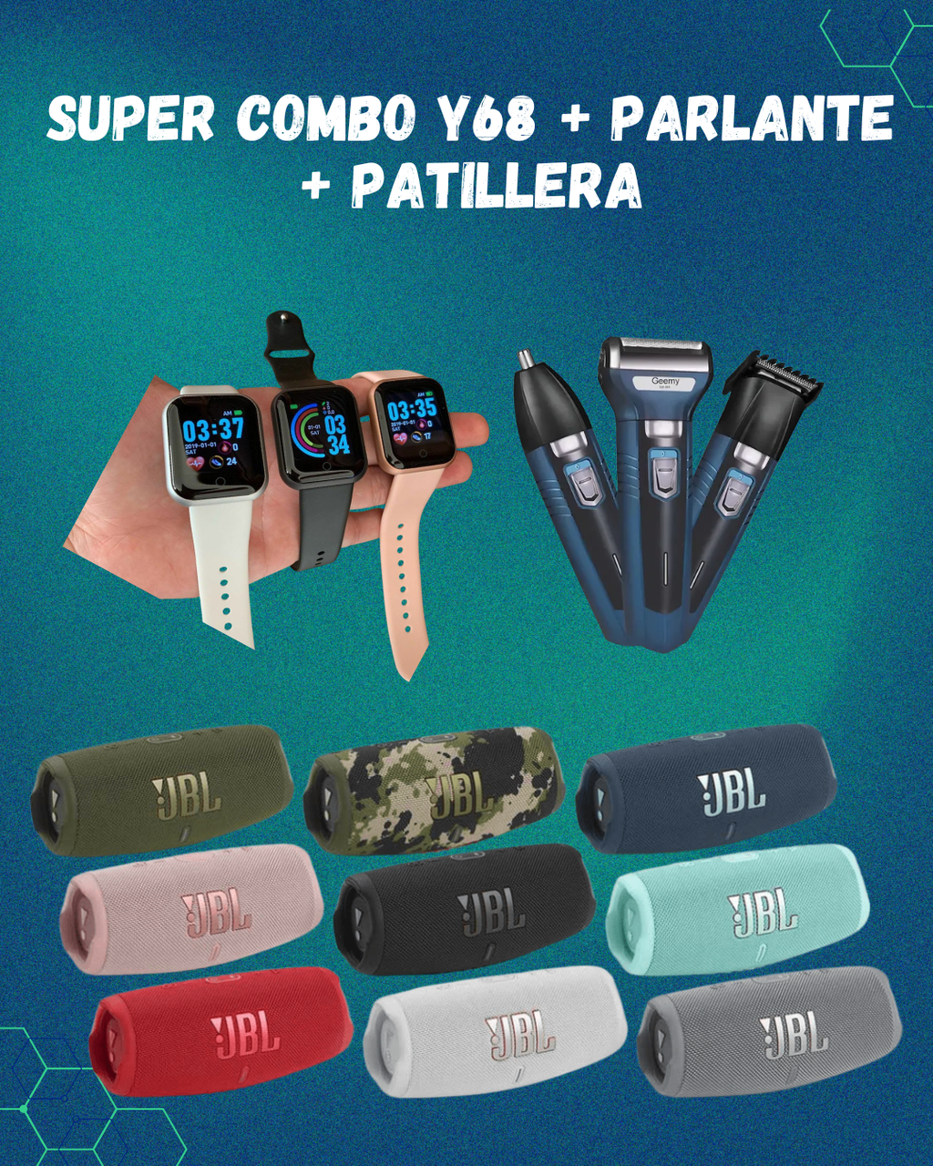 Combo Smartwatch Y68 + Parlante + Patillera